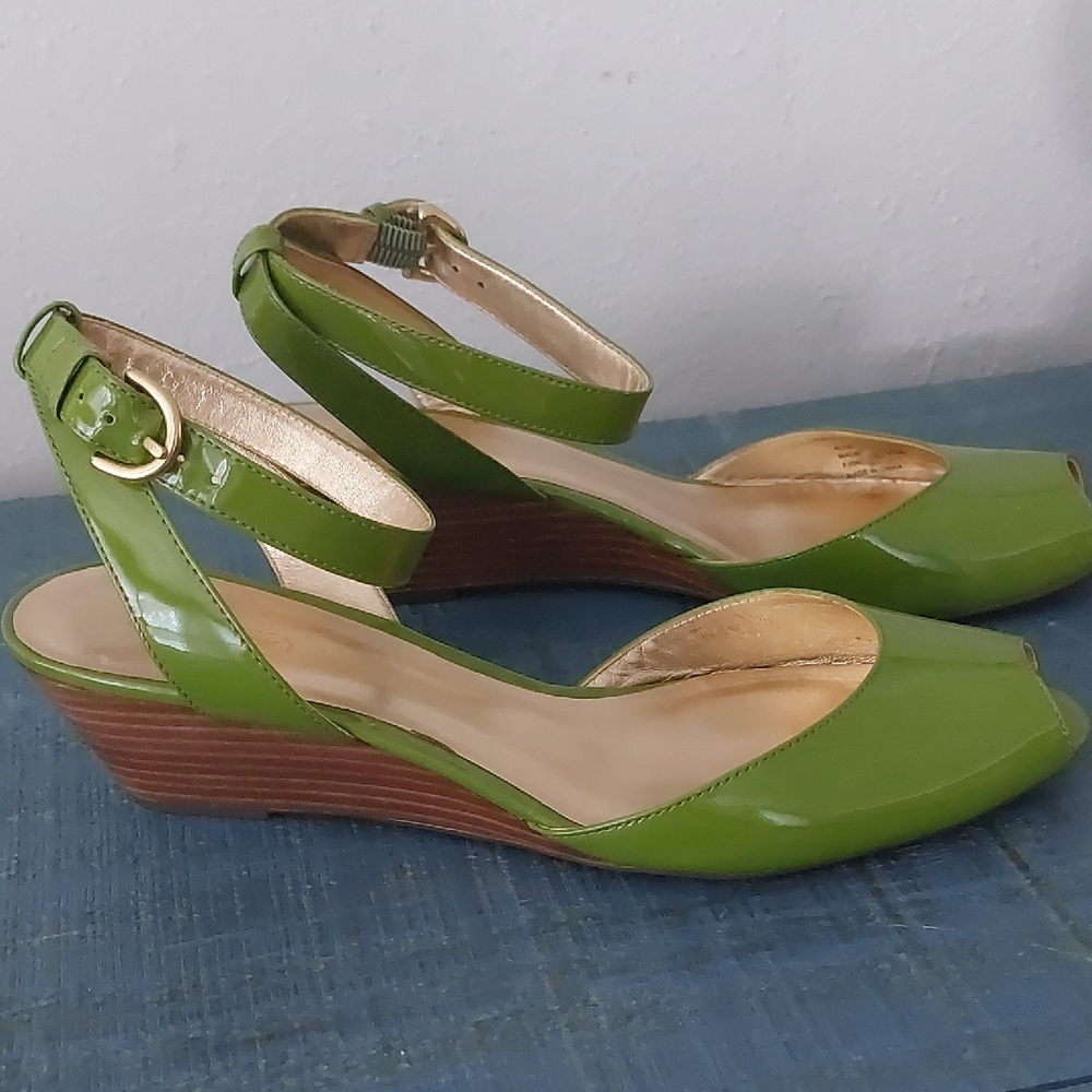 COACH, soft Patent, Apple Green Wedge Sandal, 8.5